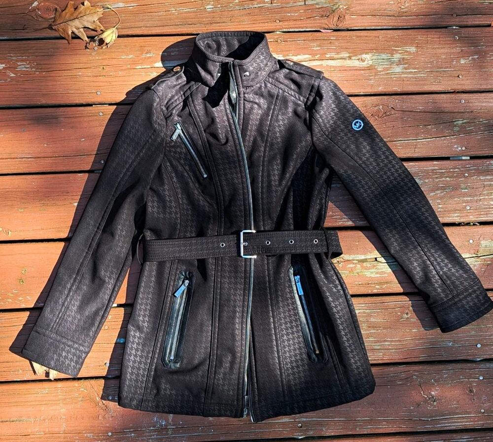 Michael Kors Moto Trench Jacket Women's S Black Houndstooth Belted Full Zip